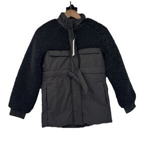 Black Sherpa Puffer Jacket Teddy Fleece Sleeves Quilted Winter Coat Cozy Fuzzy